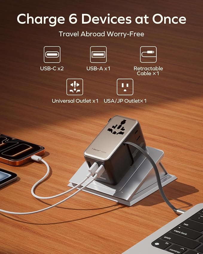 MOMAX 100W Universal Travel Adapter, 6-in-1 International Power Adapter with USB-C Retractable Cable, Dual-AC Plug Adapter PD Fast Charging Worldwide Wall Charger for US/UK/EU and Over 200 Countries
