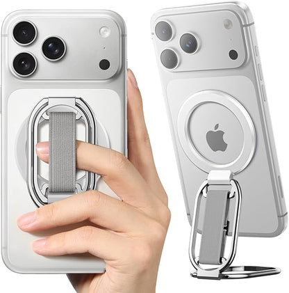 [2025 Newest] SUPERONE for Magsafe Phone Grip for Magnetic Kickstand Compatible with Mag Safe Finger Loop, 4-in-1 Phone Ring Holder Strap for Magnetic iPhone 17/16/15/14/13/12 (Silver)