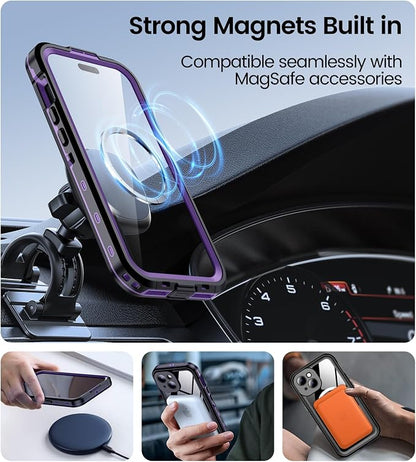 Temdan Magnetic for iPhone 15 Case Waterproof,Built-in Screen Protector[IP68 Underwater][Upgrade Military Dropproof][Compatible with MagSafe] Full Body Shockproof Translucent Case 6.1''-Purple