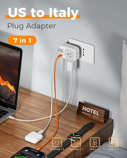 TESSAN Italy Travel Plug Adapter 2 Pack Type L | 4 Outlets, 2 USB C (1 with 20W PD), 1 USB A, For US to Italian Chile Rome Uruguay Milan Libya