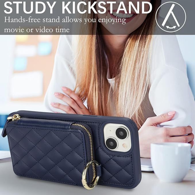 Crossbody Wallet Case for iPhone 14 Plus, PU Leather Zipper Handbag Purse Flip Cover, Kickstand Folio Case with Card Slots Holder Wrist Strap Lanyard 5G 6.7 Inch-Blue