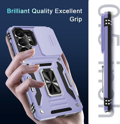 DEERLAMN Case for Samsung Galaxy S26 Ultra 6.9-Inch with Slide Camera Cover+Screen Protector(1 Pack), Rotated Ring Kickstand Military Grade Shockproof Protective Cover-Light Purple