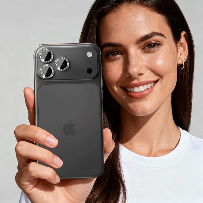 Compatible for iPhone 17/17 Pro/iPhone 17 Pro Max Camera Lens Protector Bling, Cute Sparkle Glitter Camera Cover for Women, Individual Ring, Anti-Scratch (3 Protectors + 1 Extra), Black