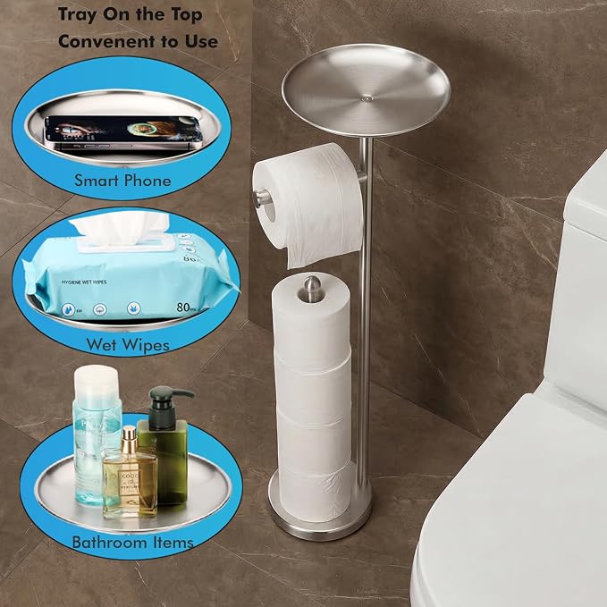 Toilet Paper Holder with Shelf, Toilet Paper Stand for Holding Extra 4 Toile Paper Rolls, Freestanding Toilet Paper Roll Storage, Heavy Base No Tipping Over (Stainless Steel, Brushed Nickel)