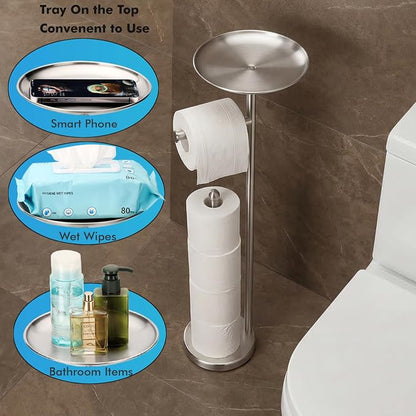 Toilet Paper Holder with Shelf, Toilet Paper Stand for Holding Extra 4 Toile Paper Rolls, Freestanding Toilet Paper Roll Storage, Heavy Base No Tipping Over (Stainless Steel, Brushed Nickel)