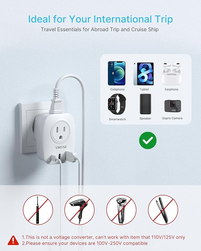 2 Pack Italy Travel Plug Adapter, VINTAR Foldable Italy Power Adapter with 2 AC Outlets 1 USB and 2 USB C Ports, 3 Prong Grounded Type L Plug Adapter for US to Italy Rome Uruguay Chile