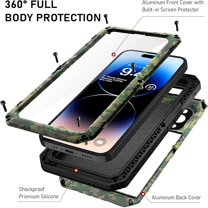 Beasyjoy Waterproof Case for iPhone 14 Pro, Metal Full Body Sealed Phone Case with Built-in Screen Protector, Military Grade Heavy Duty Defender Armor Shockproof Rugged Case 6.1 Inch, Camo