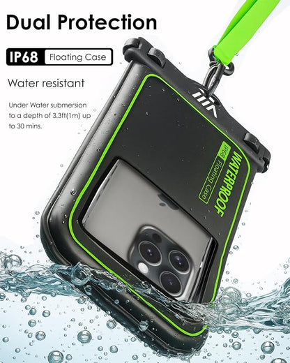 【2025 Upgraded】4 Pack Black - IP68 Waterproof Phone Pouch Floating Design No Sink Waterproof Phone Case - Beach Pool Travel Essentials - Works w/ All Phones - Detachable Lanyard - Black/Hi-Vis Green