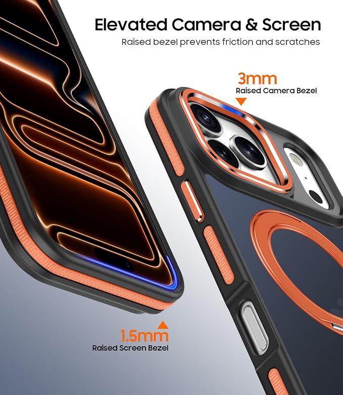 for iPhone 17 Pro Case with 360° Spin Magnetic Stand, Fits MagSafe, Military-Grade Shockproof Protection, Non-Slip Translucent Matte Slim Ring Holder Phone Cover for iPhone 17 Pro 6.3", Orange