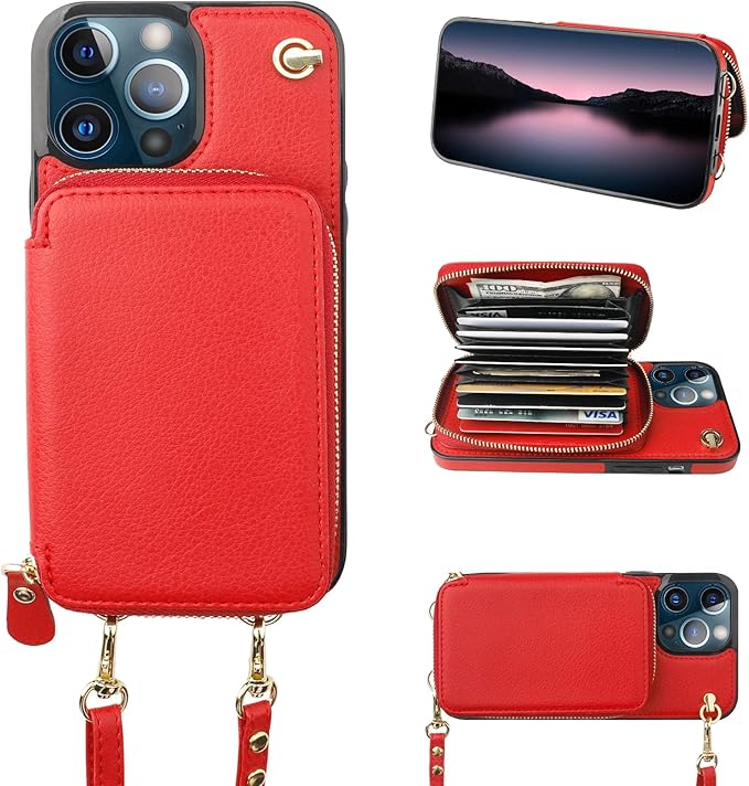 Bocasal Crossbody Wallet Case for iPhone 13 Pro Max, RFID Blocking Leather Purse Case with Card Holder, Protective Handbag Flip Cover with Zipper Wrist Strap Lanyard for Women 5G 6.7 Inch (Red)