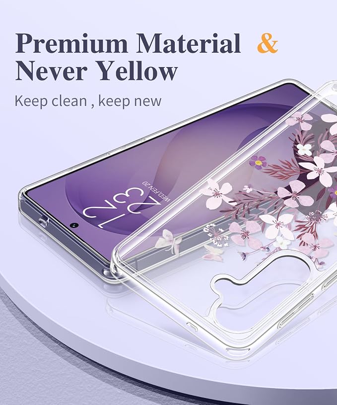 GVIEWIN for Samsung Galaxy S26 Case, Clear Floral Slim Shockproof Protective Women Phone Case, Non-Yellowing, with Screen Protector & Camera Lens Protector for Galaxy S26 6.3", Vase/Purple