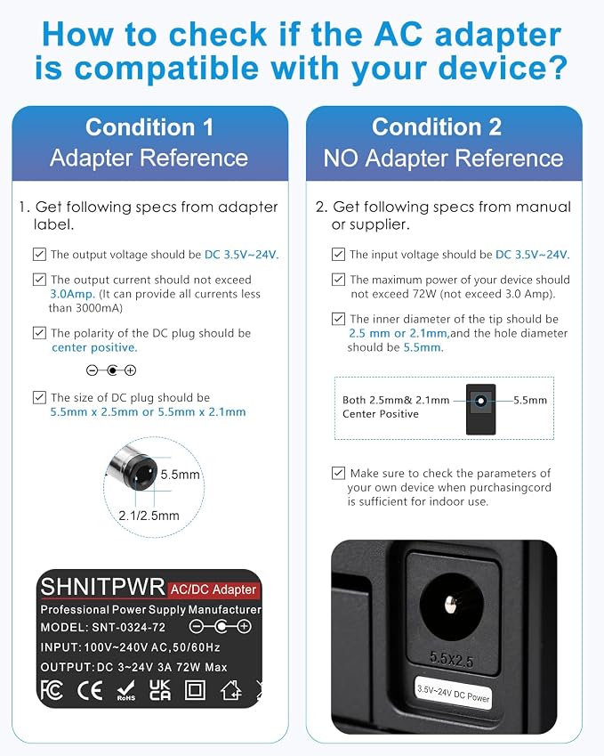 SHNITPWR 3V ~ 24V 3A 72W Power Supply Adjustable DC 3V 5V 6V 9V 12V 15V 16V 18V 19V 20V 24V Variable Universal AC/DC Adapter 100V-240V AC to DC Converter with 14 Tips 5.5x2.5mm 4.0x1.7mm 3.5x1.35mm