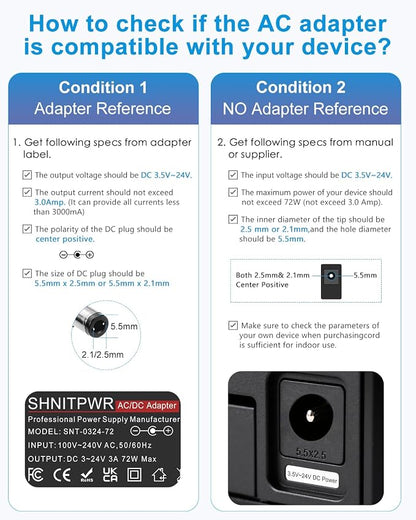 SHNITPWR 3V ~ 24V 3A 72W Power Supply Adjustable DC 3V 5V 6V 9V 12V 15V 16V 18V 19V 20V 24V Variable Universal AC/DC Adapter 100V-240V AC to DC Converter with 14 Tips 5.5x2.5mm 4.0x1.7mm 3.5x1.35mm