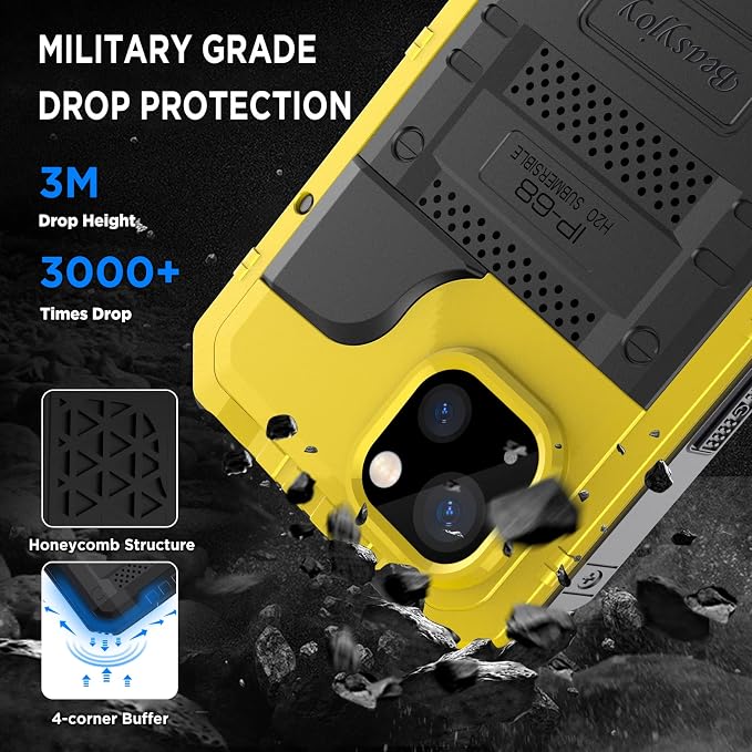 Beasyjoy for iPhone 14 Plus Case, IP68 Waterproof Metal Heavy Duty Defender Case with Built-in Screen Protector, Military Grade Full Body Protective Defender Shockproof Rugged Cover 6.7 Inch, Yellow