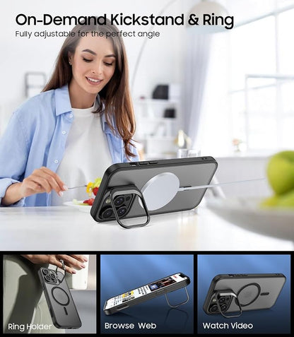for iPhone 16 Pro Max Case, Compatible with MagSafe, Built-in Camera Ring Stand, with Individual Camera Cover, Translucent Matte Military-Grade Drop Protection Magnetic Case, Black