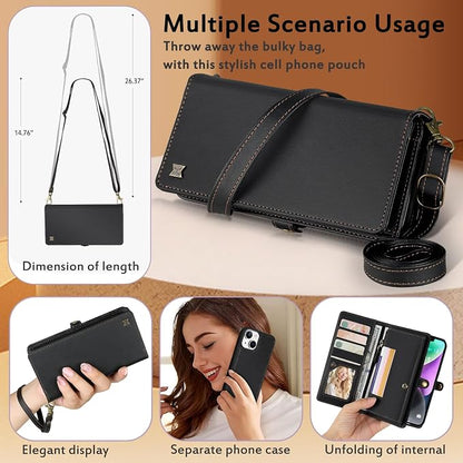 for Wallet Case Compatible with iPhone 14,Multi-Function Detachable 2 in 1 Magnetic iPhone 14 Case Wallet,Flip Strap Zipper Card Holder Phone Case with Shoulder Straps (Black)
