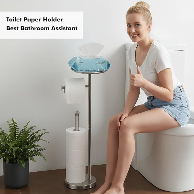Toilet Paper Holder with Shelf, Toilet Paper Stand for Holding Extra 4 Toile Paper Rolls, Freestanding Toilet Paper Roll Storage, Heavy Base No Tipping Over (Stainless Steel, Brushed Nickel)