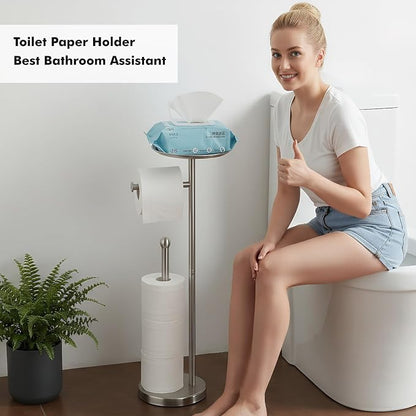 Toilet Paper Holder with Shelf, Toilet Paper Stand for Holding Extra 4 Toile Paper Rolls, Freestanding Toilet Paper Roll Storage, Heavy Base No Tipping Over (Stainless Steel, Brushed Nickel)