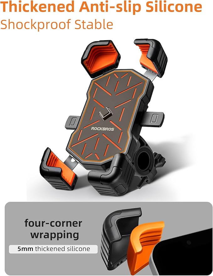 ROCKBROS Motorcycle Phone Holder Mount, 4.5-7.1 inch Smartphones, Quick Release Handlebar Clamp, 360 Rotatable, Anti-Slip Silicone, Easy Installation, Wide Compatibility