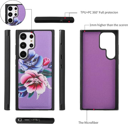 LITOU Compatible for Samsung Galaxy S26 Ultra Crossbody Phone Case,Detachable Magnetic,Card Holder,Zipper Leather Wallet Wrist Lanyard Strap Case for Women Men.PurpleFlower