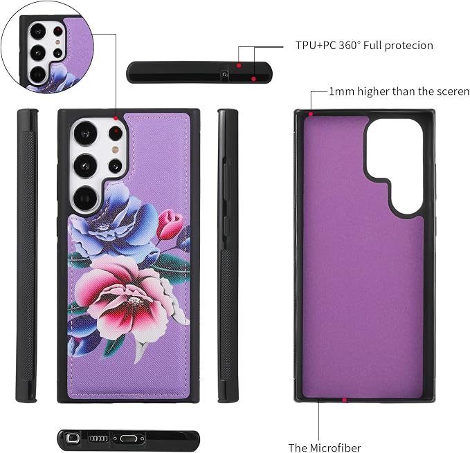 LITOU Compatible for Samsung Galaxy S26 Crossbody Phone Case,Detachable Magnetic,Card Holder,Zipper Leather Wallet Wrist Lanyard Strap Case for Women Men.PurpleFlower