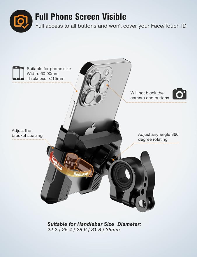 Bike Phone Mount for Electric, Mountain, Scooter, and Dirt Bikes -360°rotatable Bike Phone Holder- Bike Phone Holder Suitable for Smartphones from 4.0-7.0 inches.