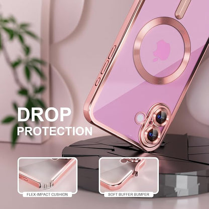 Misea Magnetic for iPhone 16 Plus Case Compatible with MagSafe [Never Yellowing] [Military Grade Drop Protection] Full Camera Lens Protector Plating Soft Clear Phone Case for Women 6.7", Pink
