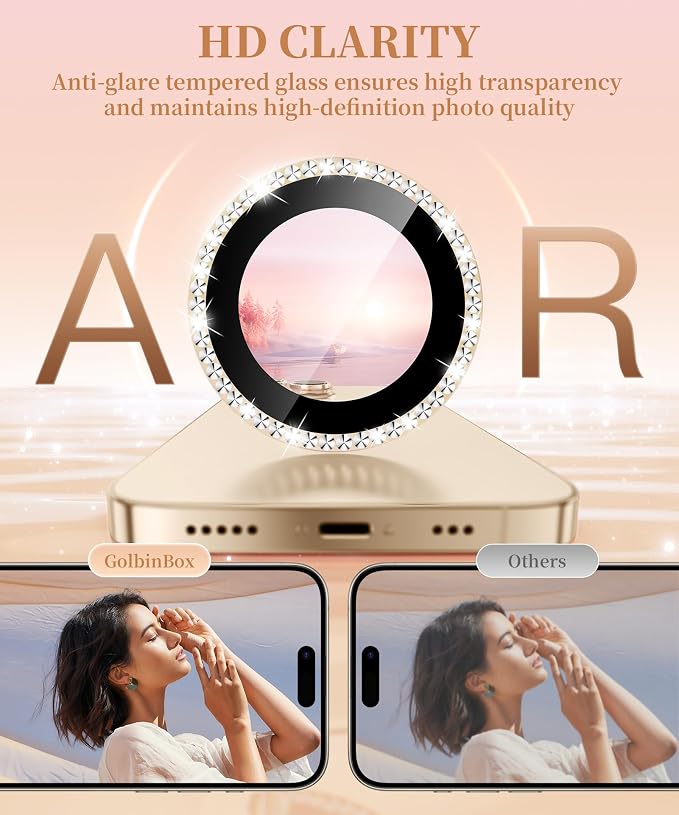 GolbinBox Camera Lens Protector for iPhone 13 Pro/13 Pro Max, 1:1 Invisible Fit, 9H Tempered Glass Ultra HD Metal Individual Camera Cover for Women, Case Friendly, Bling/Gold