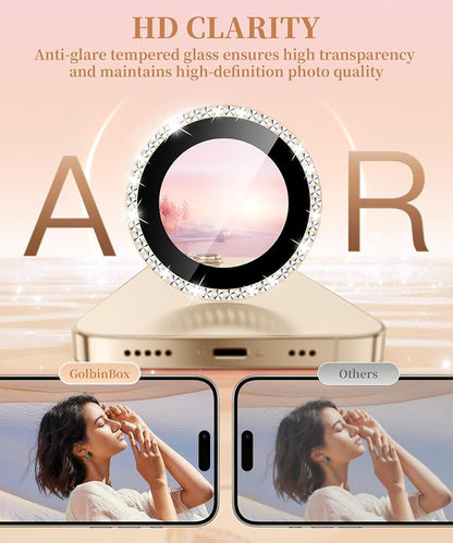 GolbinBox Camera Lens Protector for iPhone 13 Pro/13 Pro Max, 1:1 Invisible Fit, 9H Tempered Glass Ultra HD Metal Individual Camera Cover for Women, Case Friendly, Bling/Gold