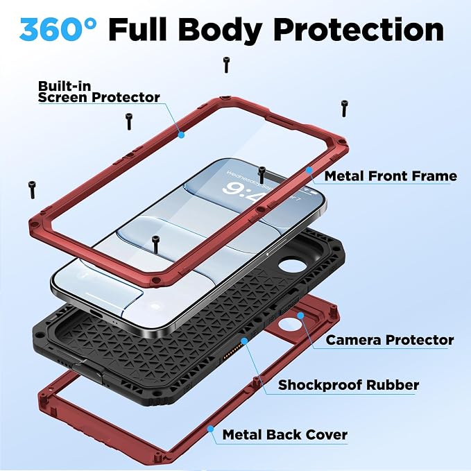 Beasyjoy for iPhone Air Case Waterproof, Heavy Duty Metal Full Body Protection, Built-in Screen Protector, Military Grade Shockproof Rugged Hard Phone Cover for iPhone 17 Air 6.5", Red