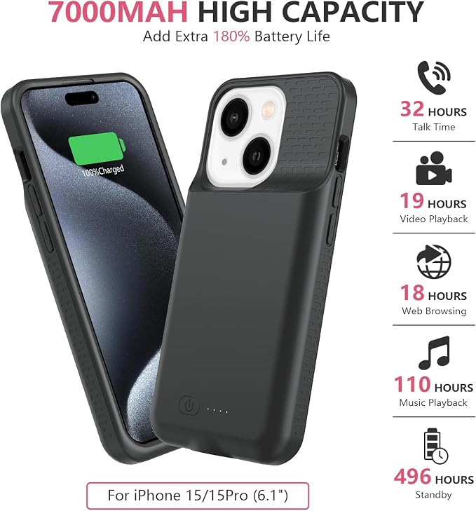 BOPPS Battery Case for iPhone 15/15 Pro, Ultra-Slim 15W Fast Lightweight Powerful 7000mAh Charger Case Protection Anti-Slip Soft TPU Charging Case for iPhone 15,15 Pro 6.1'',Black