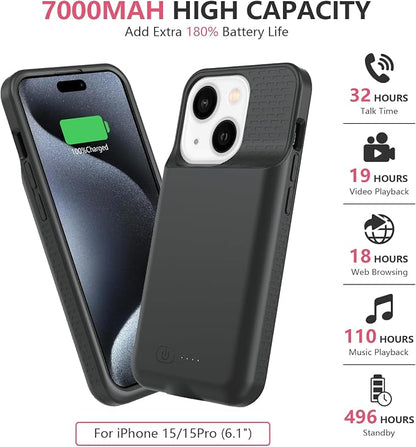 BOPPS Battery Case for iPhone 15/15 Pro, Ultra-Slim 15W Fast Lightweight Powerful 7000mAh Charger Case Protection Anti-Slip Soft TPU Charging Case for iPhone 15,15 Pro 6.1'',Black