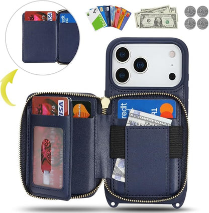 Crossbody Wallet Case for iPhone 17 Pro, PU Leather Zipper Handbag Purse Flip Cover, Kickstand Folio Case with Card Slots Holder Wrist Strap Lanyard 5G 6.3 Inch-Blue
