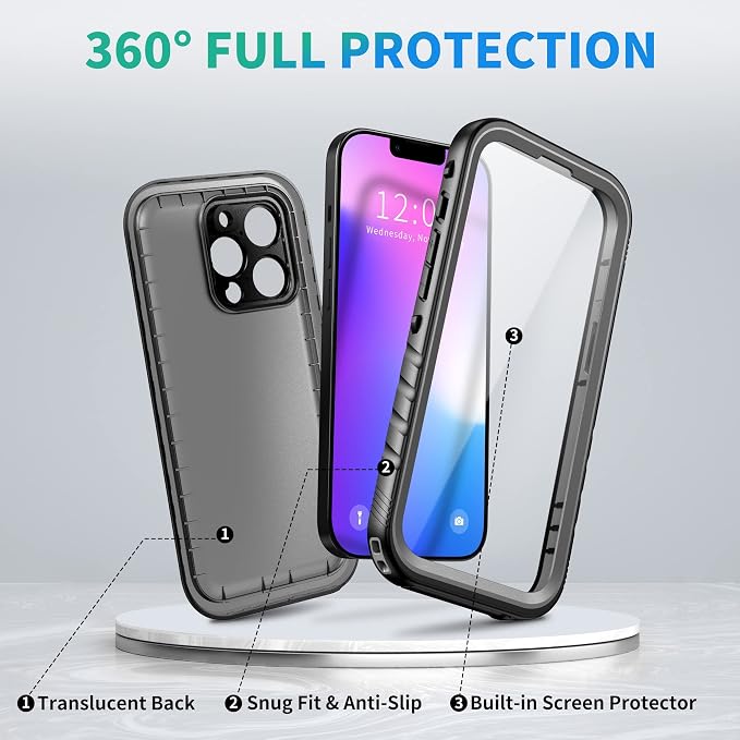 SPORTLINK Compatible with iPhone 14 Pro Waterproof Shockproof Case - Full Body Heavy Duty/Underwater/Dustproof/Rugged 360 Protective/Military Grade 6.1 Inch with Camera Screen Protector (Black)