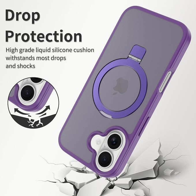 Ultra-Magnetic Stand for iPhone 17 Case [Military Drop Protection] [Compatible with MagSafe] Shockproof Translucent Matte Slim Ring Holder Case for iPhone 17 (Purple)