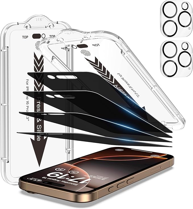 EZ-GLAZ- 4 Pack for iPhone 16 Pro Privacy Screen Protector [6.3"] With 2 Pack Camera Lens Protector, 9H+ Hardness 12FT Military Grade Shatterproof Scratch Resistant Durable Tempered Glass Film with Flawless Fit Kit