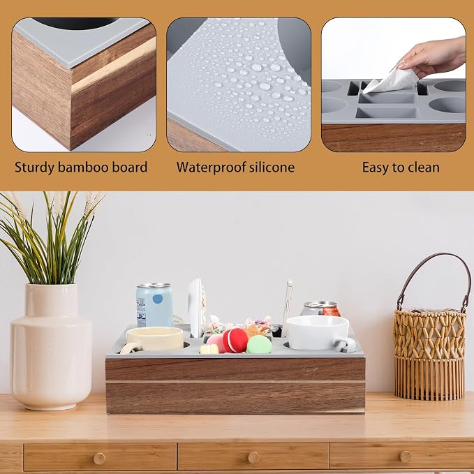 Yerliker Couch Cup Holder Tray, Silicone Lining Couch Caddy Waterproof Anti-spill Sofa Cup Holder for Bed Car Seat Organizer, Hold Mugs, Drinks, Snacks, Phones, Remotes(Rectangle,Grey,Acacia)