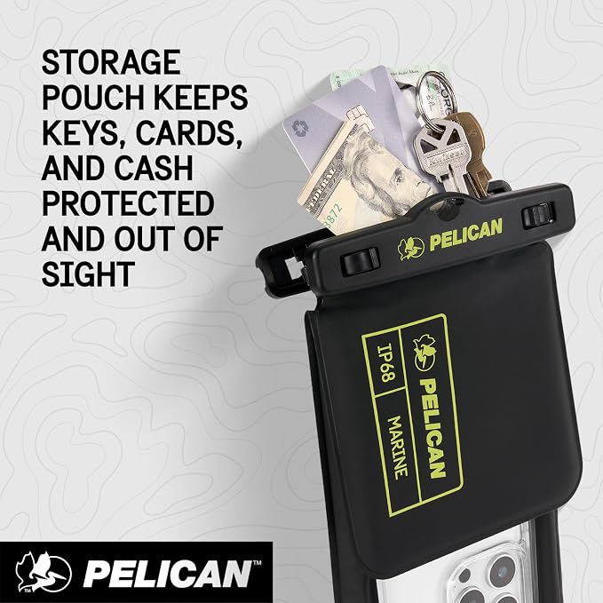 Pelican Marine - IP68 Waterproof Phone Pouch w/Storage Pocket (Large) - Floating Waterproof Phone Case - Beach Cruise Travel Essentials - Fits All Phones - Detachable Lanyard - Black/Hi-Vis Yellow