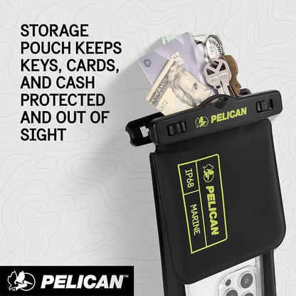 Pelican Marine - IP68 Waterproof Phone Pouch w/Storage Pocket (Large) - Floating Waterproof Phone Case - Beach Cruise Travel Essentials - Fits All Phones - Detachable Lanyard - Black/Hi-Vis Yellow