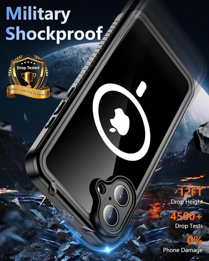 Oterkin Waterproof Case for iPhone 16 Case Compatible with MagSafe, 360° Full Body Rugged 16 Phone Case with Built-in HD Screen & Lens Protector [12FT Military Grade] Shockproof Case (Black)