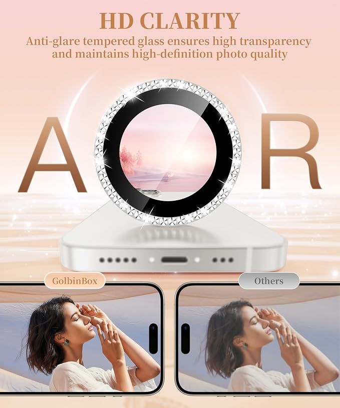 GolbinBox Camera Lens Protector for iPhone 13/13 Mini, 1:1 Invisible Fit, 9H Tempered Glass Ultra HD Metal Individual Camera Cover for Women, Case Friendly, Bling/Silver