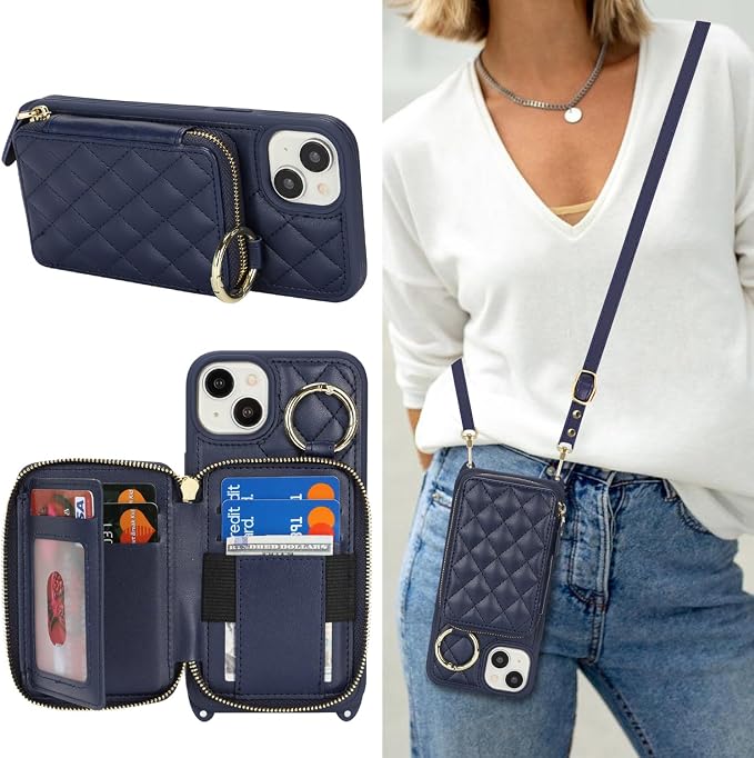 Crossbody Wallet Case for iPhone 14 Plus, PU Leather Zipper Handbag Purse Flip Cover, Kickstand Folio Case with Card Slots Holder Wrist Strap Lanyard 5G 6.7 Inch-Blue