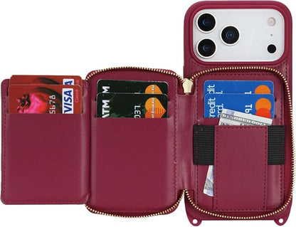 Crossbody Wallet Case for iPhone 17 Pro Max, PU Leather Zipper Handbag Purse Flip Cover, Kickstand Folio Case with Card Slots Holder Wrist Strap Lanyard 5G 6.9 Inch-Dark red