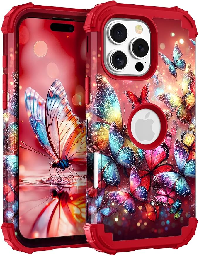 Hocase for iPhone 16 Pro Case 6.3", Heavy Duty Shockproof Protection Soft Silicone Rubber+Hard Plastic Bumpers Hybrid Protective Case for iPhone 16 Pro 2024 - Shimmering Butterflies in Red