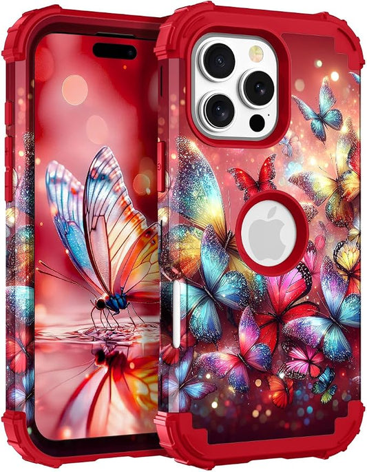 Hocase for iPhone 16 Pro Max Case, Heavy Duty Shockproof Protection Soft Silicone Rubber+Hard Plastic Bumpers Hybrid Protective Case for iPhone 16 Pro Max 2024 - Shimmering Butterflies in Red