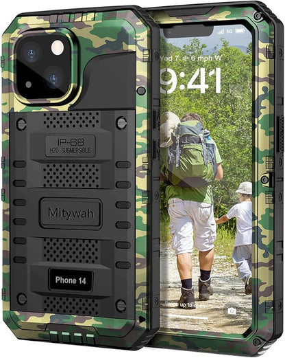 Mitywah Waterproof Case for iPhone 14, Heavy Duty Shockproof Case with Built-in Screen Protector, Full Body Underwater Protective Metal Case 6.1 inch, Camouflage