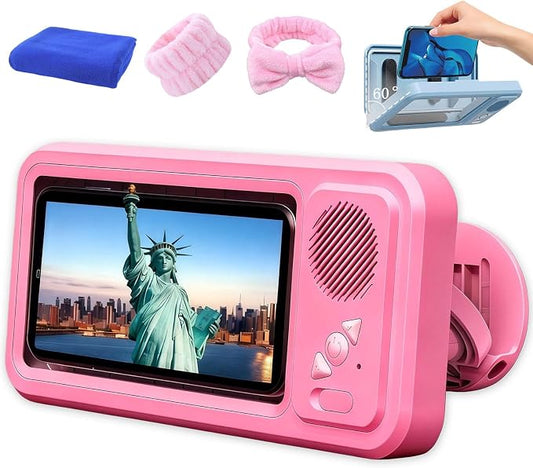 Shower Phone Holder with Speaker,Waterproof Phone Holder for Shower - Built-in Wireless Bluetooth Speaker,360° Rotation Ipx4 Waterproof, Enhanced Sound, for Bathroom, Shower Wall (Pink)