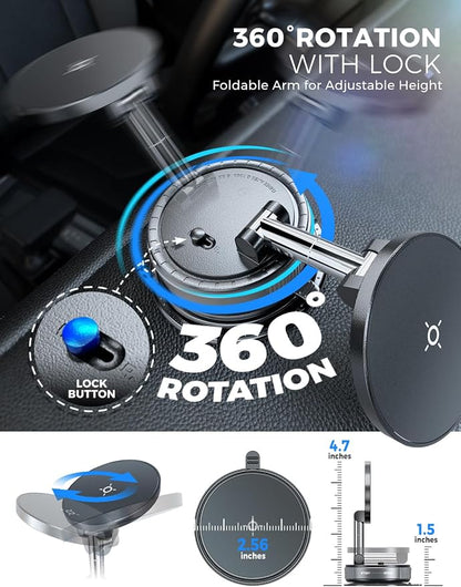 eSamcore Vacuum Magnetic Phone Holder for Car, for Magsafe Car Mount for Windshield, Foldable Stand Suction Cup for Mirror, Glass, Screen, Gym, Smooth Surfaces Compatible with iPhone