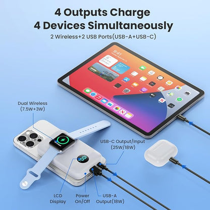 Magnetic Portable Charger for iPhone,10800mAh 25W PD QC4.0 Fast Charging USB C Power Bank,4 Output Dual-Side Magnet Travel Essentials Battery Pack for iPhone 17/Air/16/15/14/13/12 Series (White)