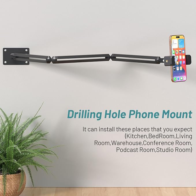 Wall Mount Phone Holder,Phone Holder for Desk Bed,3-Stage Aluminium iPhone Stand,Foldable Extendable Arms Heavy Duty Drilling Base,Compatible with 3.5~7.5" iPhone/HTC/LG/Huawei/Galaxy/Smartphones